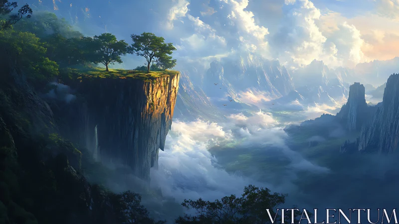 Floating mesa with trees towers above misty valleys below.