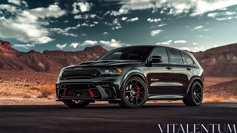 Sporty black SUV glowing against wide open desert skies.
