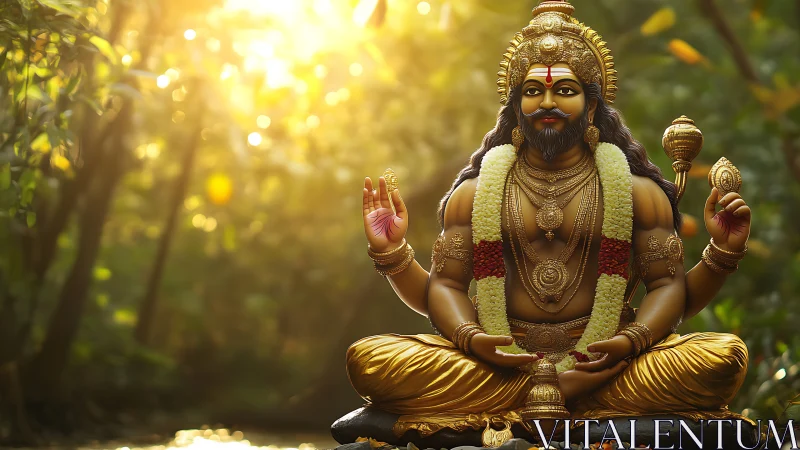 Golden deity statue resting in gentle forest sunlight.