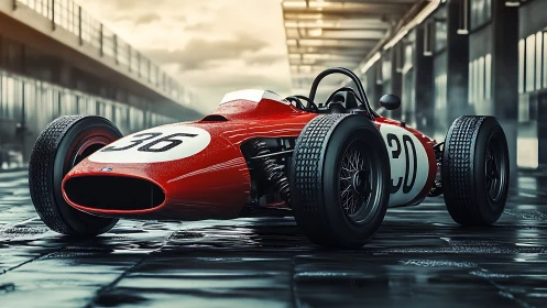 Mid‑century red Formula racing car in wet pit lane lighting