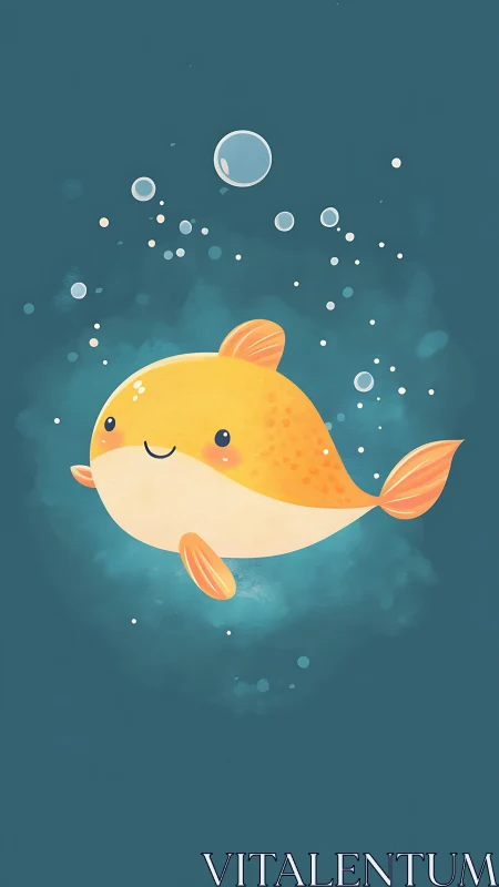 Cute yellow cartoon fish with bubbles on teal background.