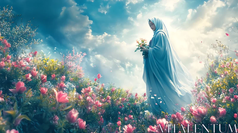 Serene veiled woman walking through radiant spring garden.