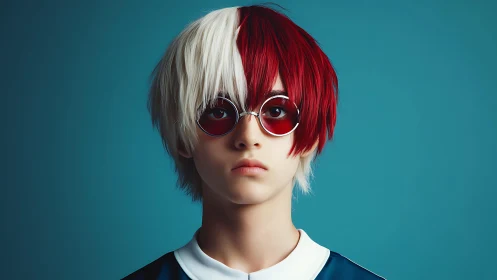 Red and white haired youth in round red sunglasses. Period.