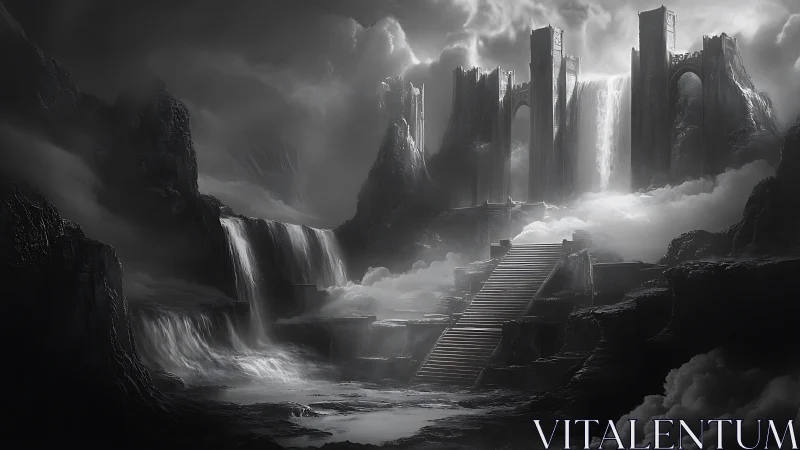 Storm-laden obsidian citadel crowned by ghostly waterfalls.