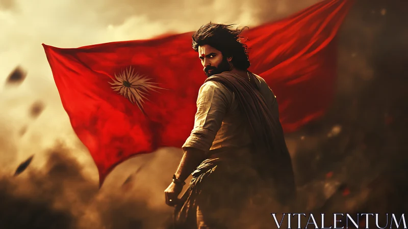 Warrior strides through dust before blazing red battle flag