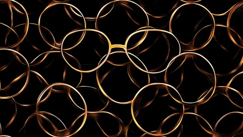 Abstract golden rings overlapping on black background, digital art.
