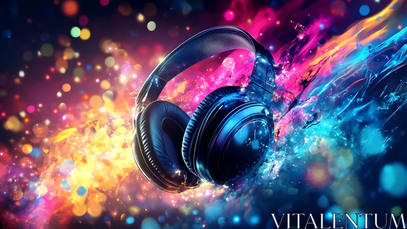 Vibrant neon headphones float in a burst of abstract color