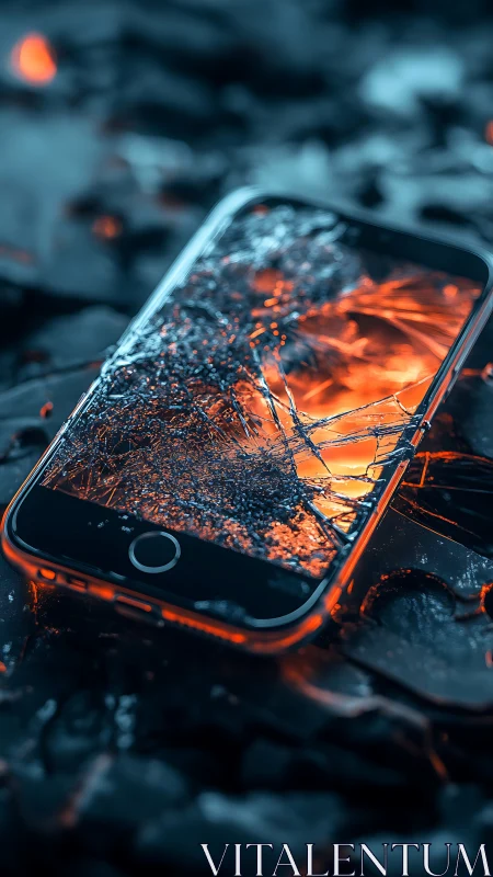 Shattered smartphone cradles molten fire in icy shadows.