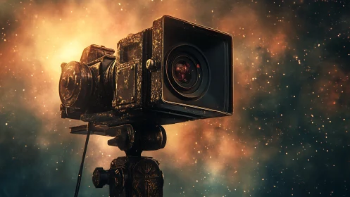 Cosmic vintage camera gazes into glowing nebula haze.