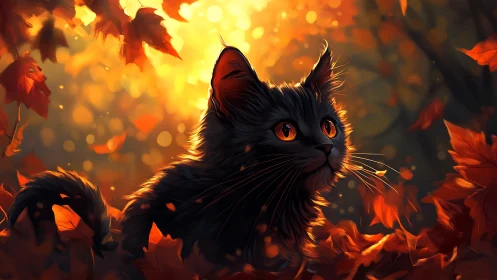 Black Cat with Fiery Autumn Leaves and Golden Glow