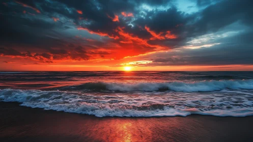 Low-angle seascape with fiery horizon sunset and foamy surf
