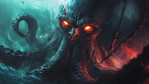 Digital painting of infernal kraken emerging from storm sea.