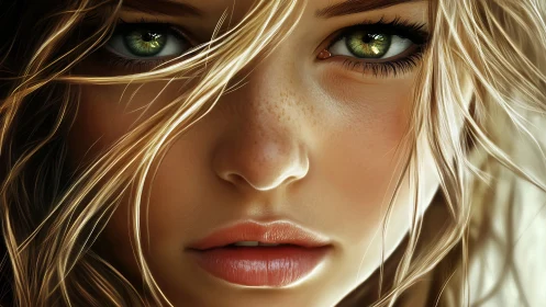Intense green-eyed portrait framed in sunlit golden hair.