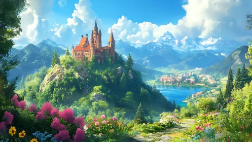 Blossom crowned castle above sapphire mountain lake dreamscape.