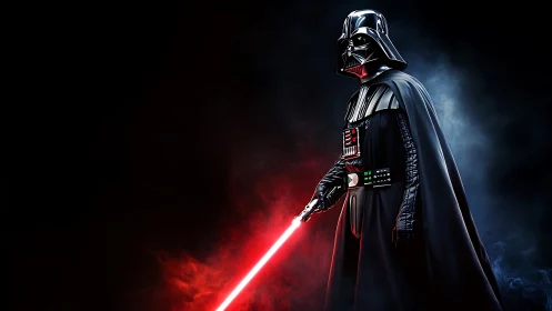 Cinematic dark armored figure with illuminated red energy blade