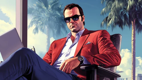Sunglassed power broker lounging under sunlit palm dreams.
