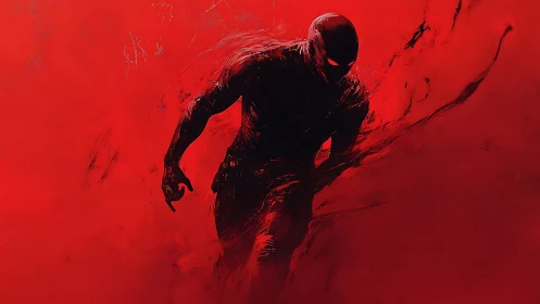 Silhouetted speedster emerging through abstract red motion field.