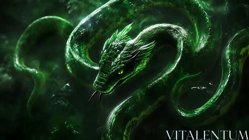 Emerald serpent dragon gliding through swirling forest mist.