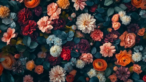 Layered Garden: Blooming Flowers Against Dark Teal Ground.