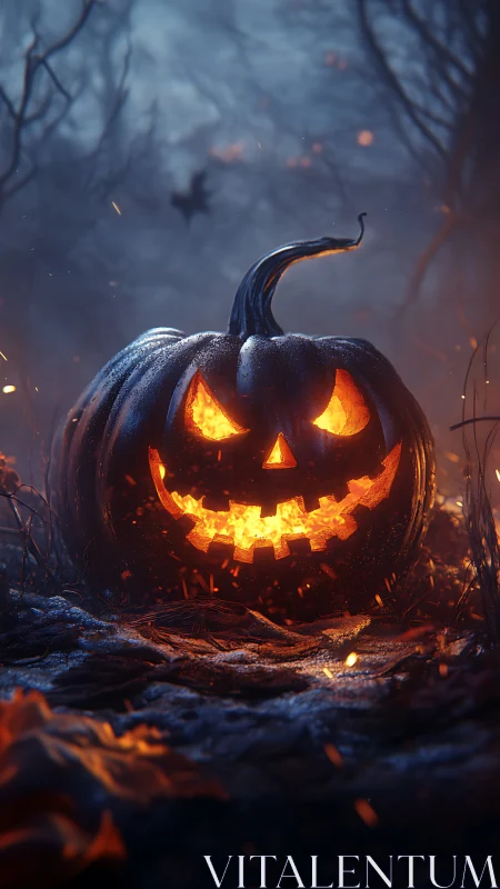 Glow of the mischievous jack-o-lantern in a misty night forest.