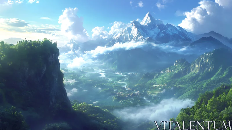 Sunlit alpine valley with cloud inversion and glacial peaks