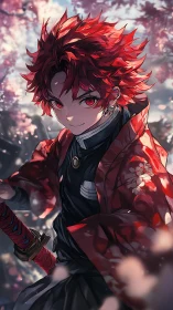 Crimson-haired swordsman beneath swirling cherry blossoms.