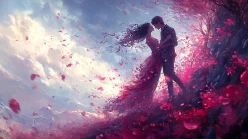 Ethereal Embrace: Couple Dancing Through Luminescent Petal Storm