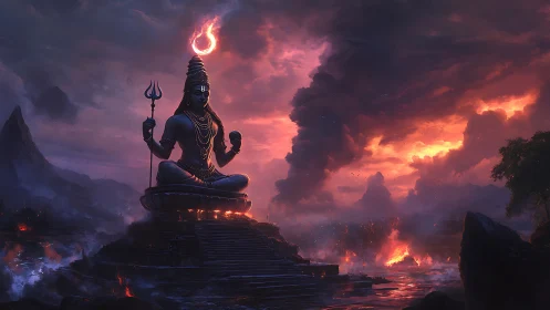 Monumental seated deity against volcanic twilight sky.