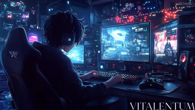 Night gamer at RGB battlestation in neon lit room.