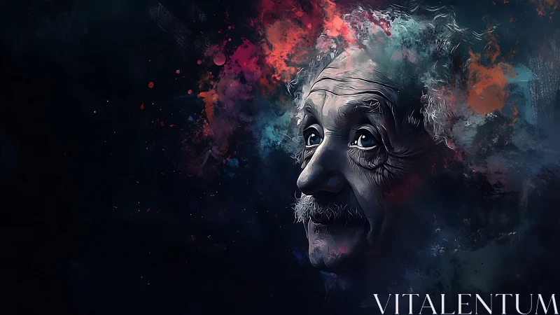 Digital portrait shows elderly male face emerging from nebula-like clouds