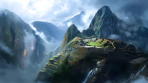 Misty mountain citadel bathed in soft morning light.