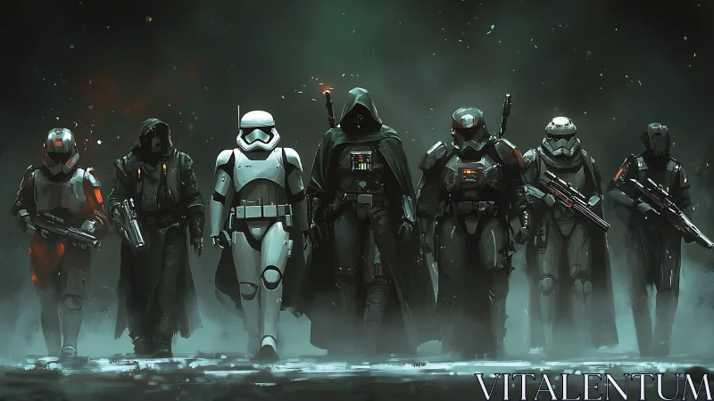 Armored sci fi squad advancing through smoky battlefield.