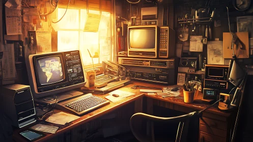 Sunlit retro command center hums with analog intrigue.