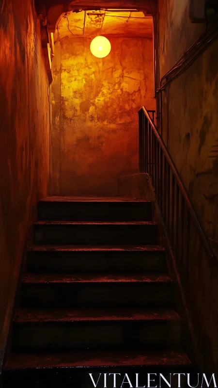 Lonely stairwell ascends into moody, dim amber light above