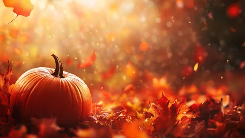 Glowing autumn pumpkin amid drifting illuminated leaves.