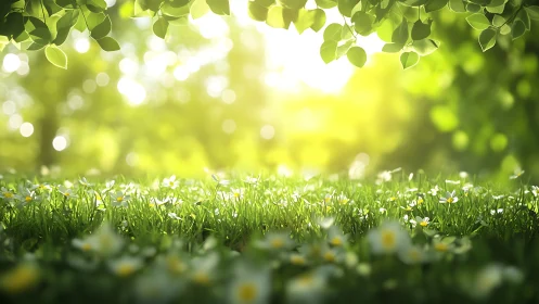 Sunlit meadow of gentle daisies under leafy green canopy.