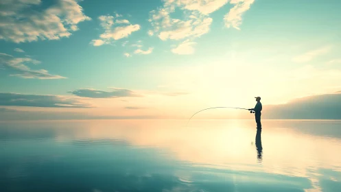 Silhouetted angler stands in shallow reflective water at low sun