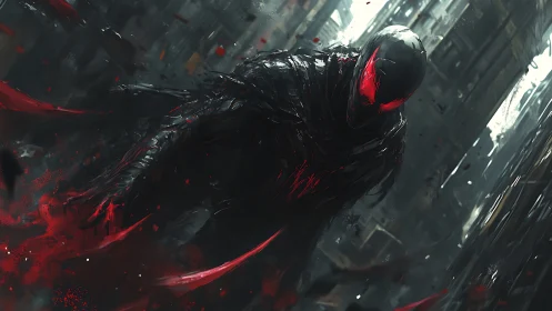 Dark armored figure with red visor in ruined city street.