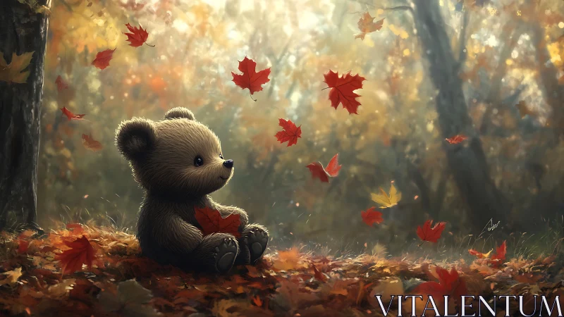 Soft toy bear in glowing autumn forest with falling leaves.
