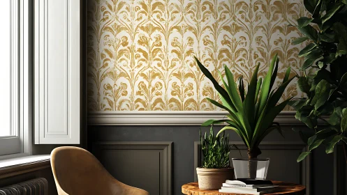 Sunlit botanicals against golden damask calm interior wall.