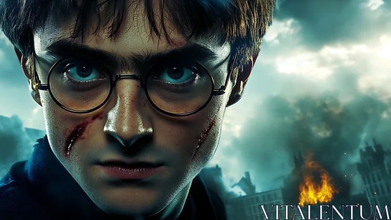 Defiant young hero stands firm before a burning skyline.