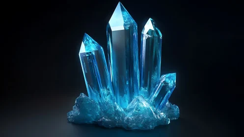 Radiant blue crystal cluster glows softly in the darkness