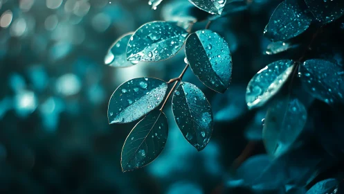 Rain-kissed leaves in cool teal bokeh forest light.