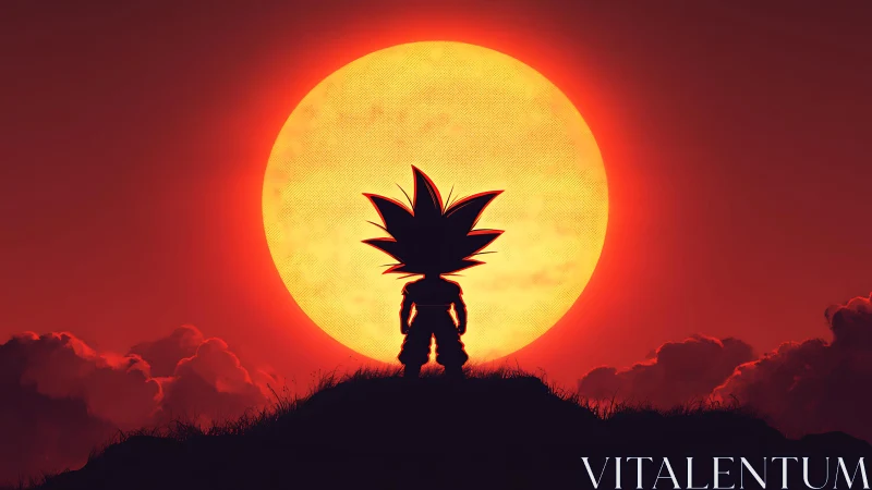 Silhouetted spiky‑haired warrior aligned with blazing sun.