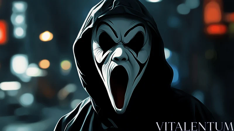 Hooded figure with stylized screaming mask at night.