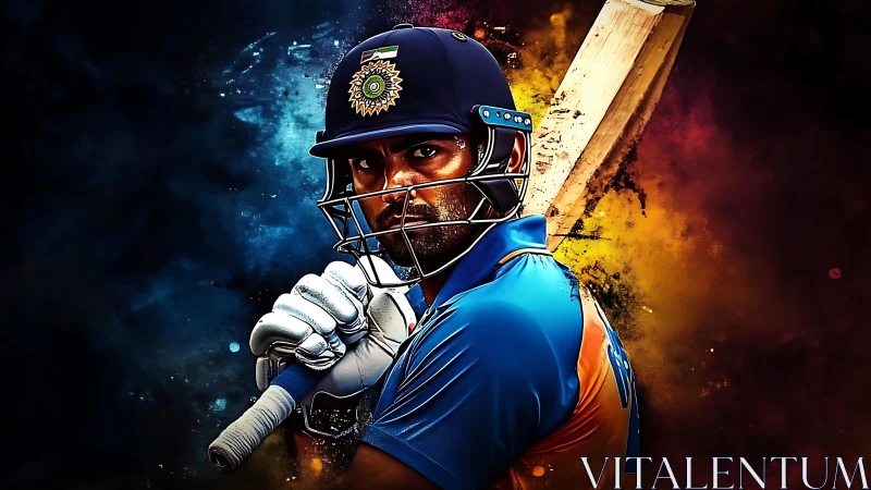 Cricket batter holds poised swing amid fiery cosmic backdrop.