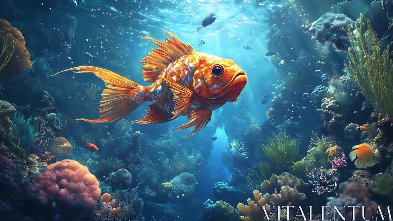 Orange fish swims through detailed coral reef environment