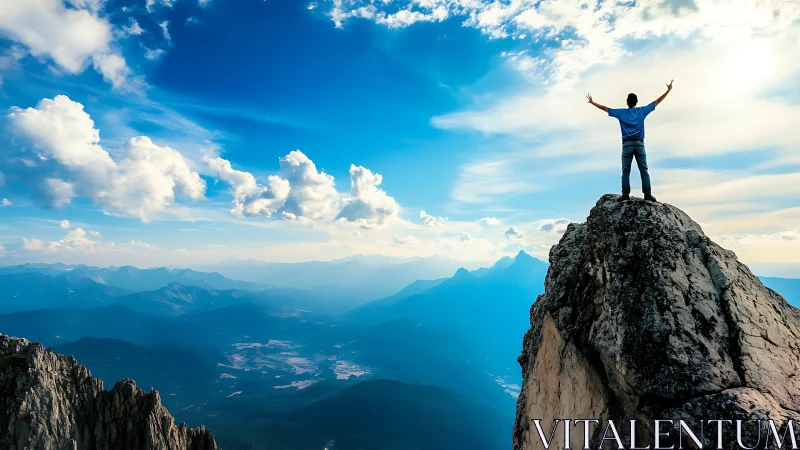 Person stands on rocky summit overlooking layered mountain range