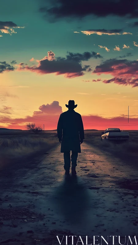 Dusty road swallows a lone wanderer beneath neon dusk
