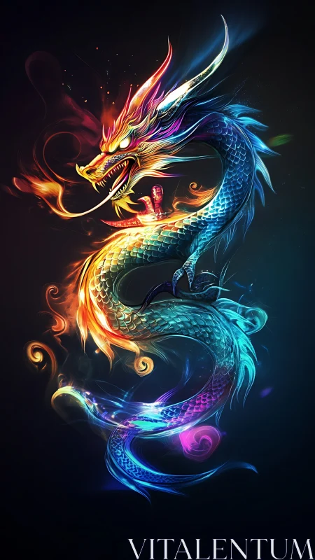 Chromatic serpentine dragon coils through luminous neon fire